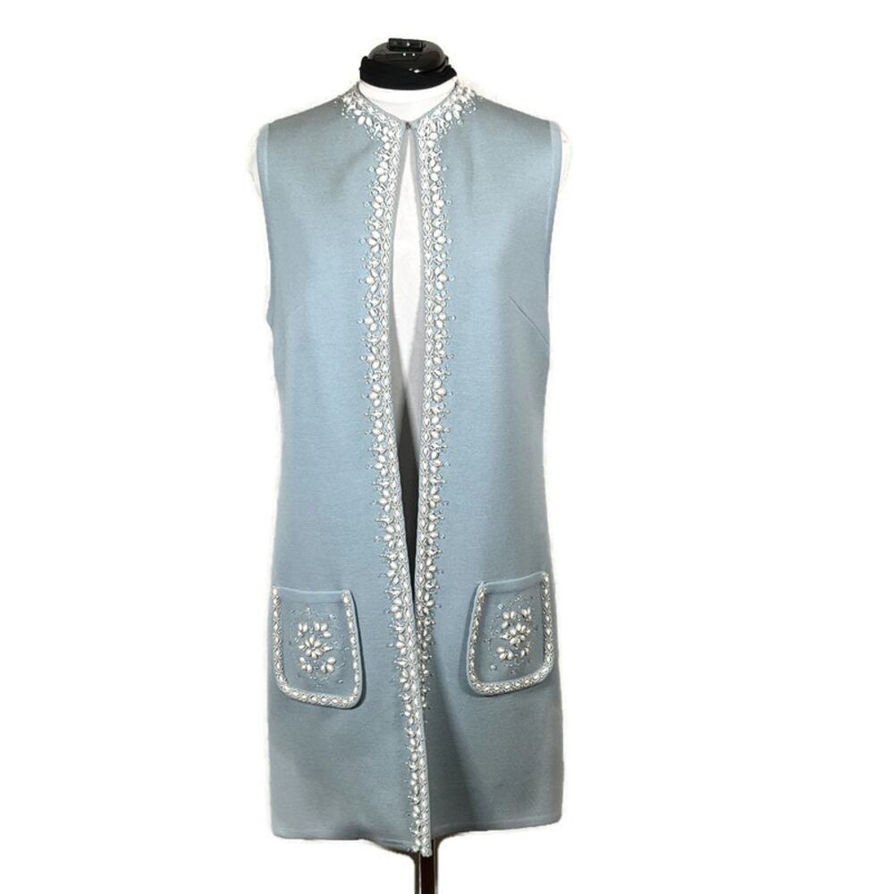 Vintage Lilli Ann Beaded Wool Long Sleeveless Vest Cardigan Duster Light Blue